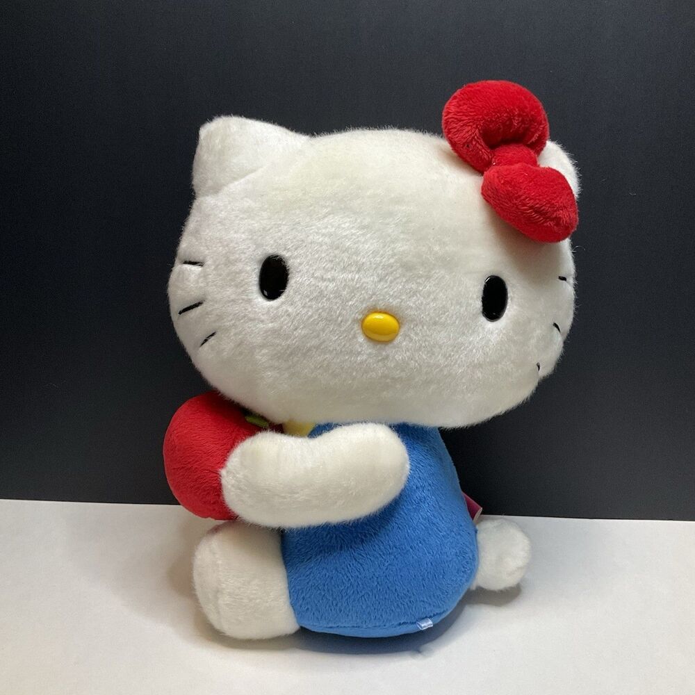 Sanrio Hello Kitty Plush Stuffed Animal White Cat Blue Outfit Red Bow Apple 10"